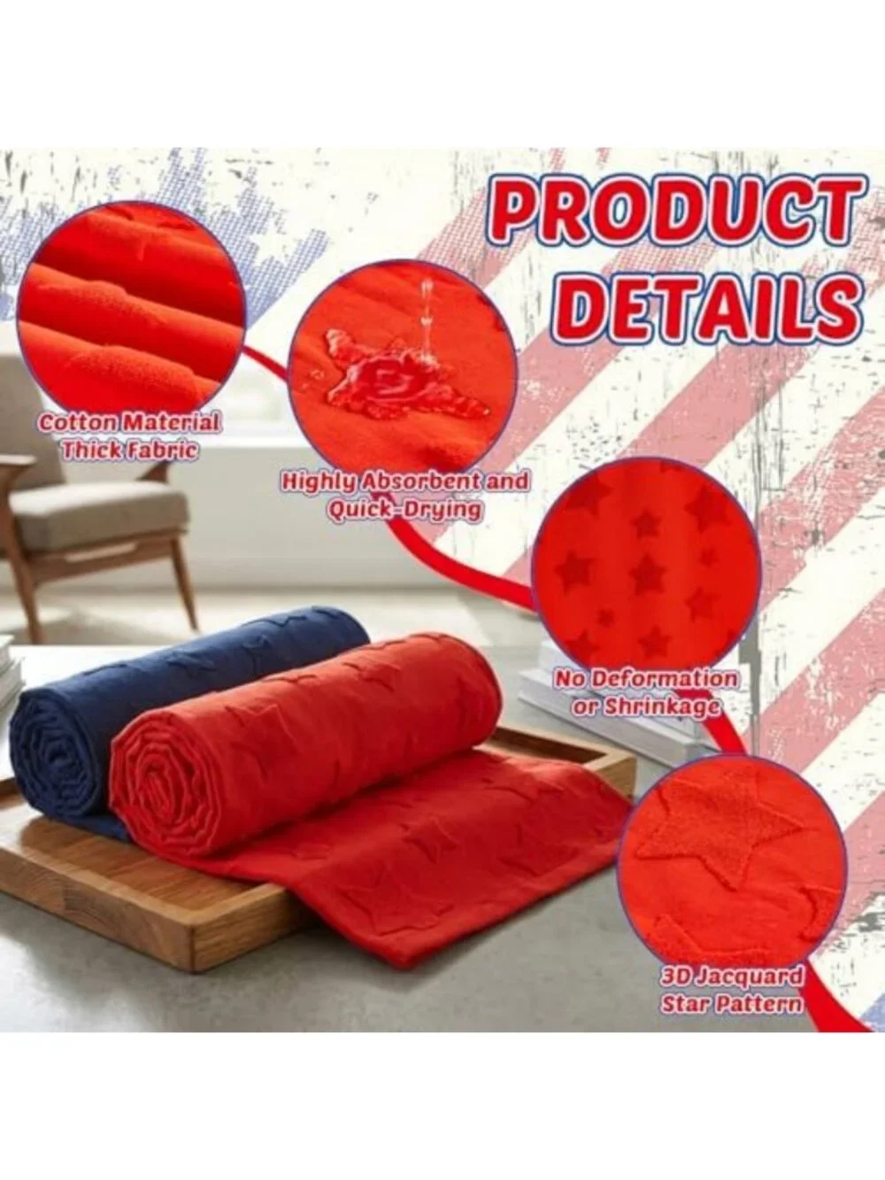 2 Pack Large Patriotic Bath Towels - 100% Cotton, 4th of July Decor, 28x55 in